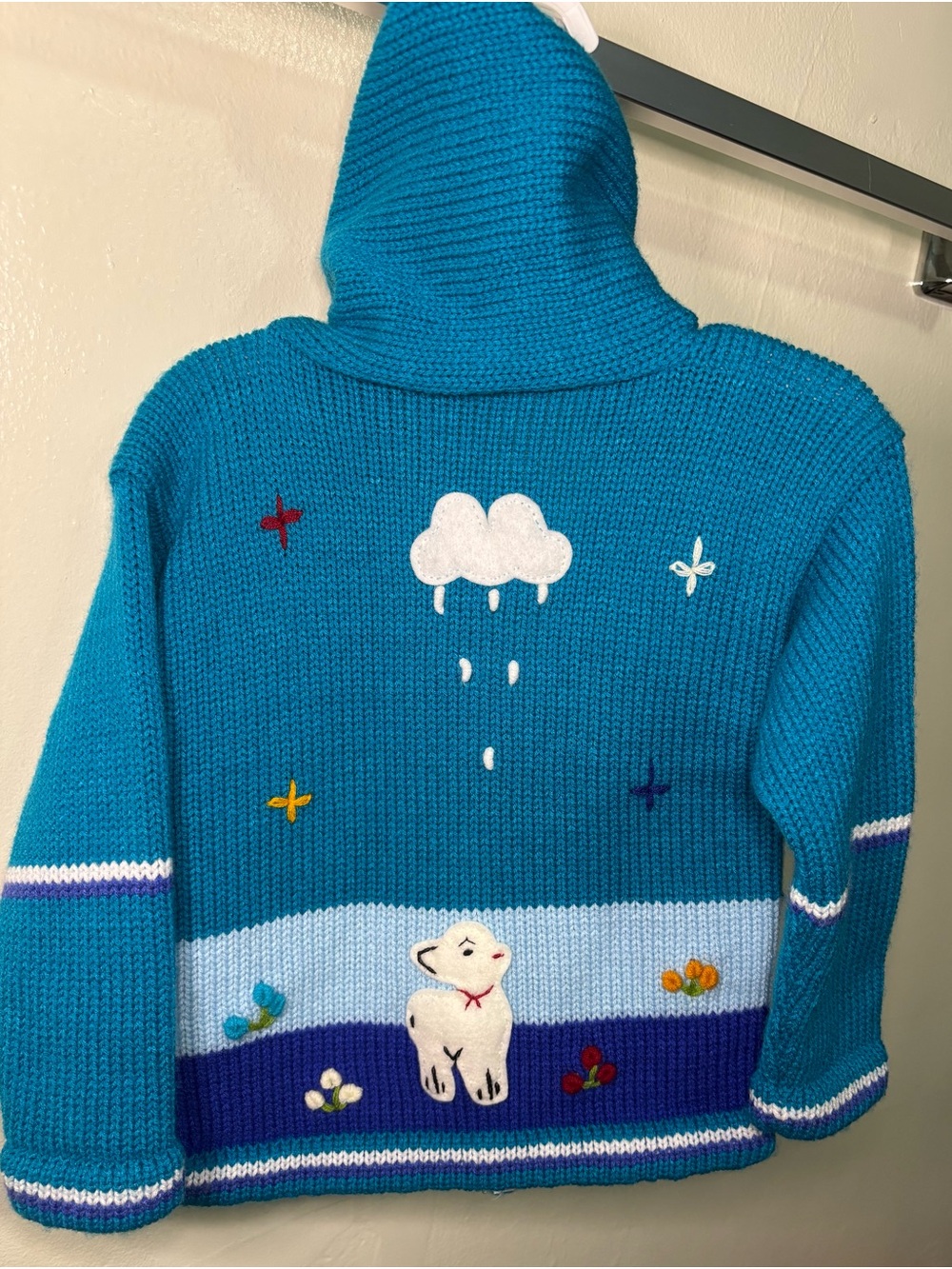 Handmade Peruvian Kids Knit Zip Jacket Arpillera Embroidered 4T Blue Folk Art - Picture 4 of 4